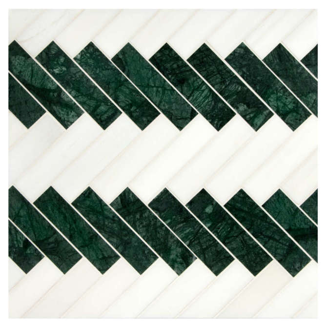 Basic Mosaic Collection Bianco Dolomiti Select Honed And Dutchess Green Honed 1×4 Pairingbone Mosaic