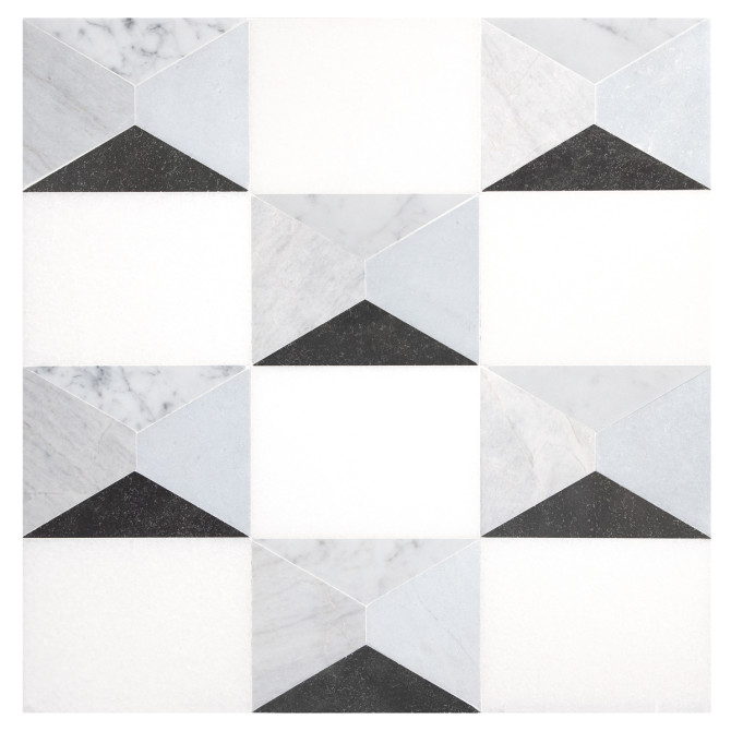 Pietra Visivo Collection Thassos Select Polished, Morning Blue Polished, Italian Carrara Light Select Polished, Blue De Savoi Polished, And Basalto Polished 8×12 Preston’s Peaks Mosaic Polished