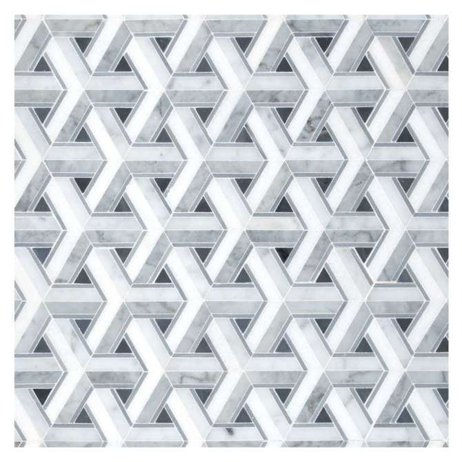 Pietra Visivo Collection Thassos Select Polished, Italian Carrara Light Select Polished, Italian Carrara Dark Select Polished, Bardiglio Light Polished, And Bardiglio Imperiale Polished 11×9 Triton Mosaic Polished