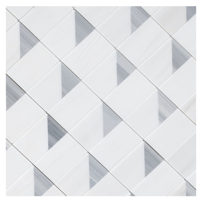 Pietra Visivo Collection Bianco Dolomiti Light Select Honed, Bianco Dolomiti Dark Select Honed, And Sterling Blue Light Select Honed 11×12 Innerangle Mosaic Honed