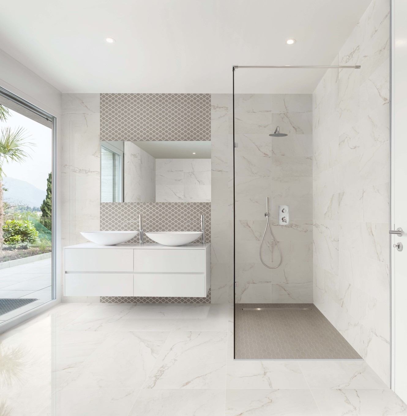 Classentino Marble Palazzo White 24x24 and 12x24, and Coliseum Gray Classic Weave Mosaic