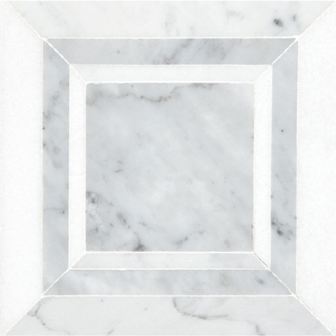 Pietra Visivo Collection Thassos Select Polished, Italian Carrara Light Select Polished, And Italian Carrara Dark Select Polished 6×6 Regal Square Mosaic Polished