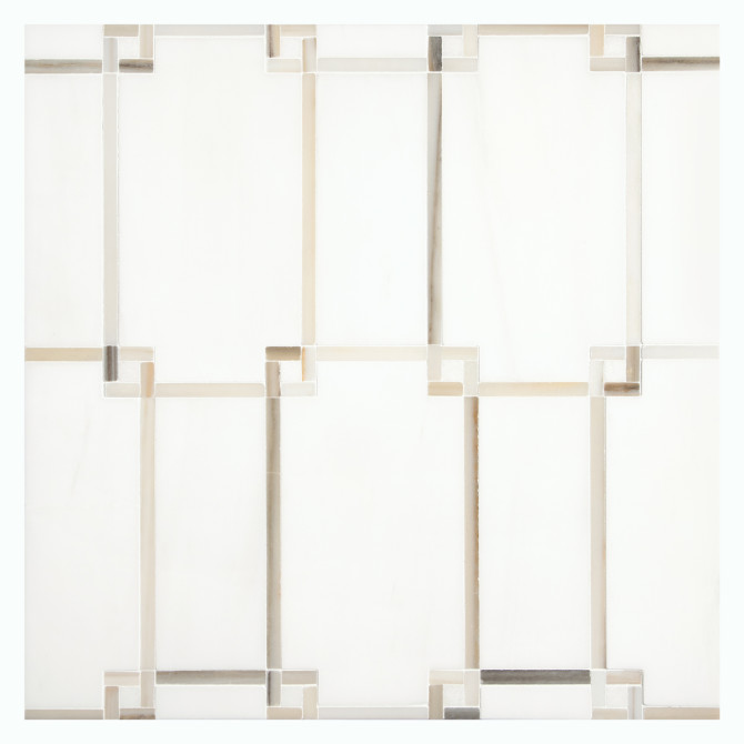 Fine Mosaic Works Bianco Dolomiti Select Honed, Oro Striato Polished, And Thassos Select Honed 12×12 Geometric Mosaic Honed