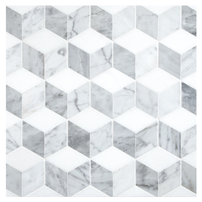 Pietra Visivo Collection Thassos Select Polished, Italian Carrara Light Select Polished, And Italian Carrara Dark Select Polished 11×10 Cubist Mosaic Polished