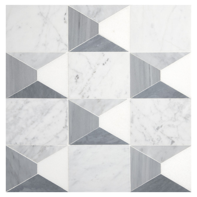 Pietra Visivo Collection Thassos Select Polished, Italian Carrara Light Select Polished, Italian Carrara Dark Select Polished, Bardiglio Light Polished, And Bardiglio Imperiale Polished 8×12 Preston’s Peaks Mosaic Polished