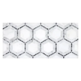 Specialty Mosaic Collection East White Polished, Italian Carrara Polished, And Mugwort Gray Polished 9×10 Hexagon Micromosaic Polished Specialty Mosaic Collection East White Polished, Italian Carrara Polished, And Mugwort Gray Polished 9×10 Hexagon Micromosaic Polished