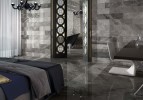 Supreme Charcoal 8x48 Polished, 2x2 Mosaic Polished and Matte, and 32x71 Polished