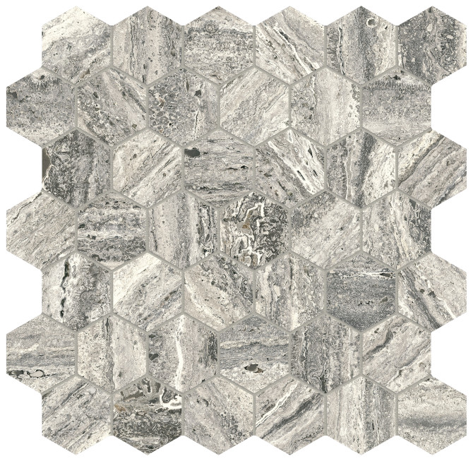 Majesto Travertino Titanium 2″ Hexagon Mosaic Organic Matte