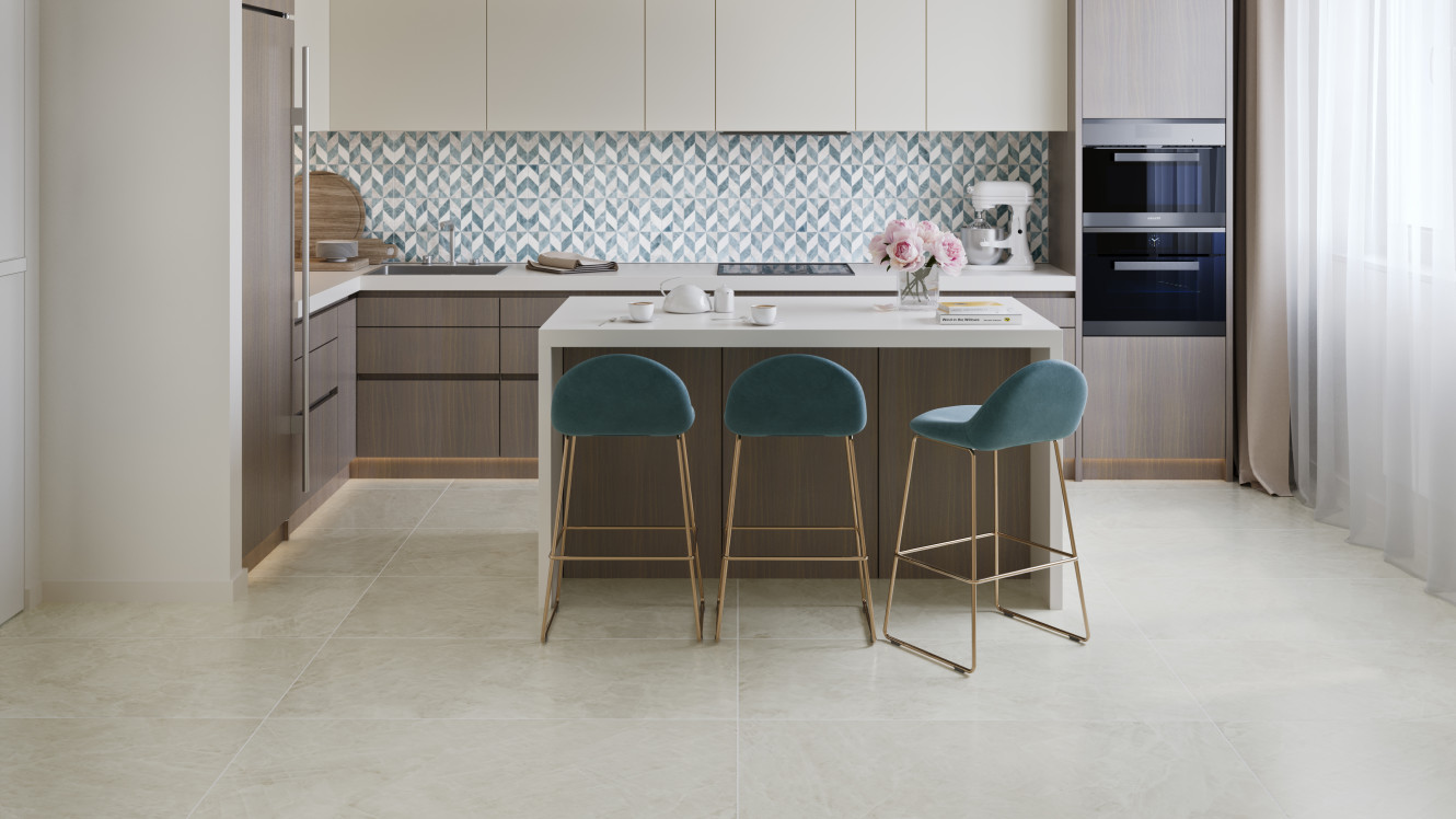 Bondi Backsplash White Tide Deco 24x24 Satin and Floor 24x47 White Polished