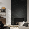 Beyond Calacatta Black 12x24 and 2x2 Mosaic, and Glam White Picket Mosaic
