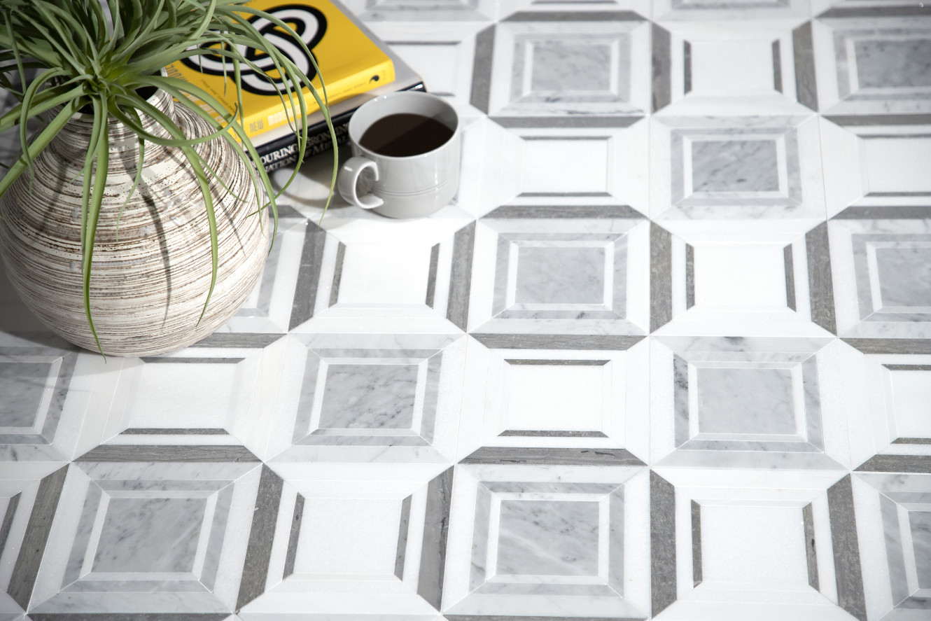 Pietra Visivo Thassos Select, Bianco Dolomiti Select and Wood Vein Blue Regal Square, and Thassos Select, Italian Carrara Light and Italian Carrara Dark Regal Square