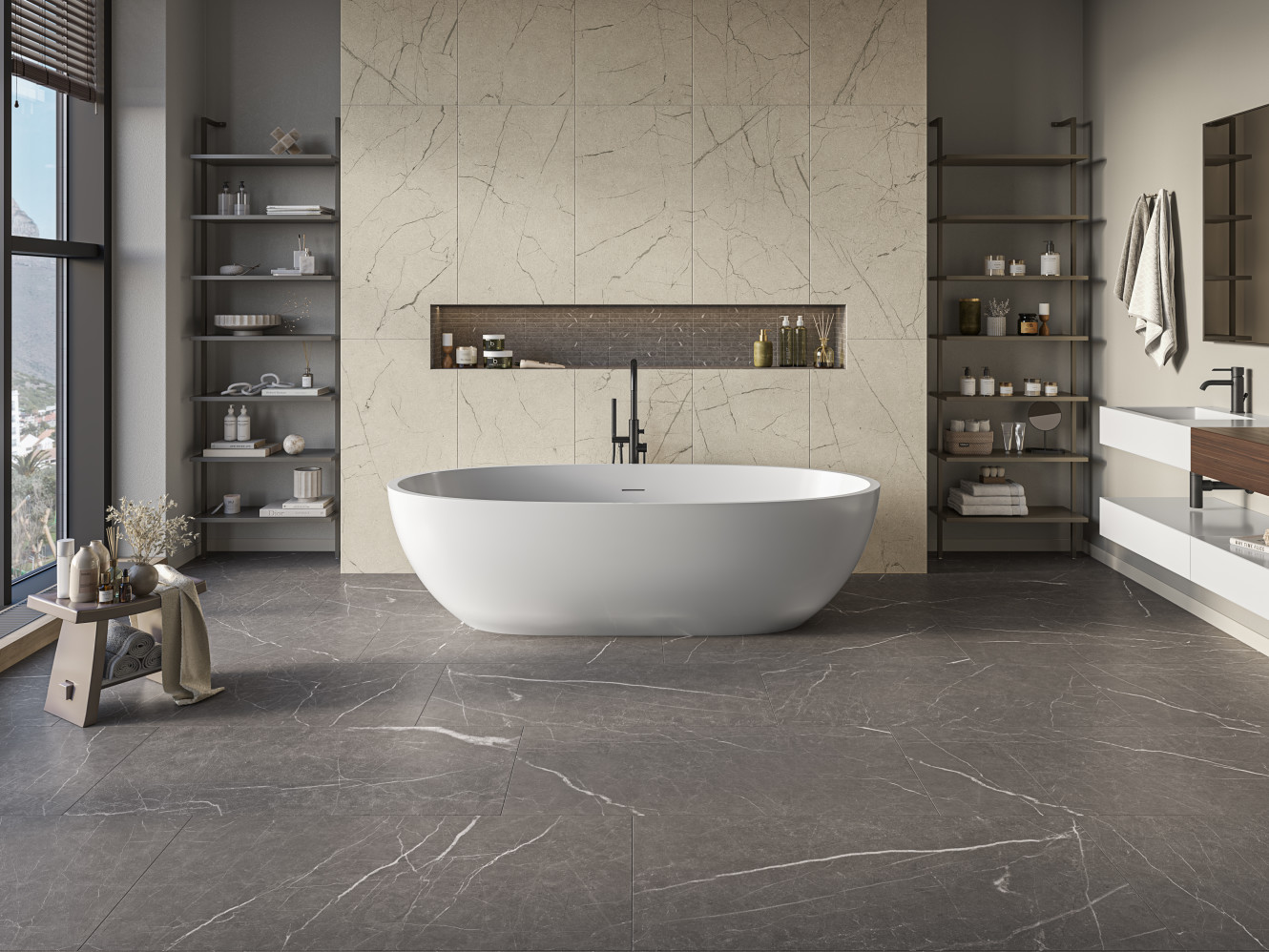 Roxy Bronze 24x48 and 1x6 Mosaic, and Beige 24x48