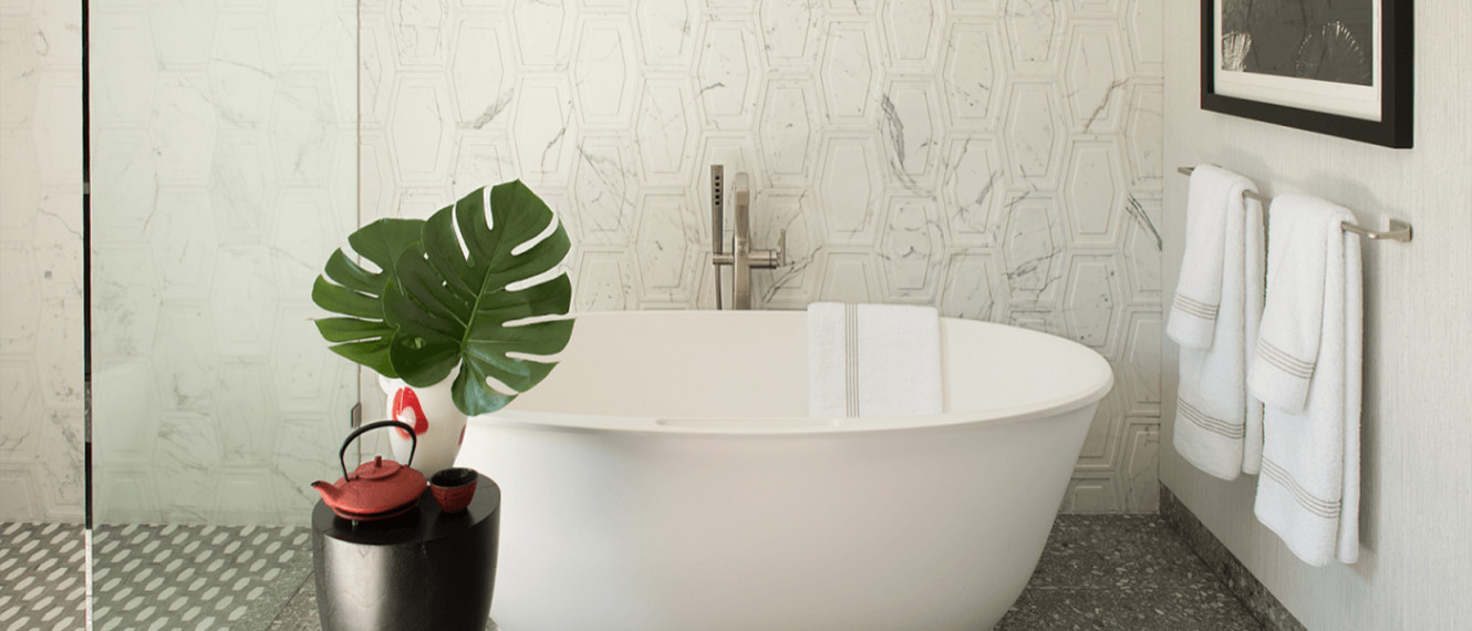 Studio Moderne Stone Calacatta Claremont Dimensional and Petite Claremont Mosaic