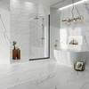 Beyond Calacatta Ocean White 24x48, 12x24 3D Etch, Picket Mosaic and 2x2 Mosaic