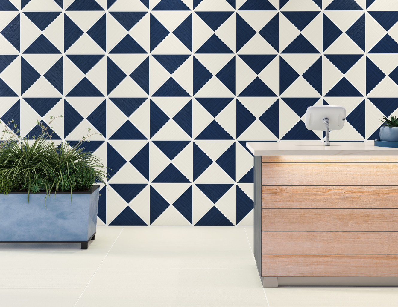 Shades 2.0 Frost 24x48 and 12 Triangle Unpolished, and Midnight 12 Triangle Unpolished