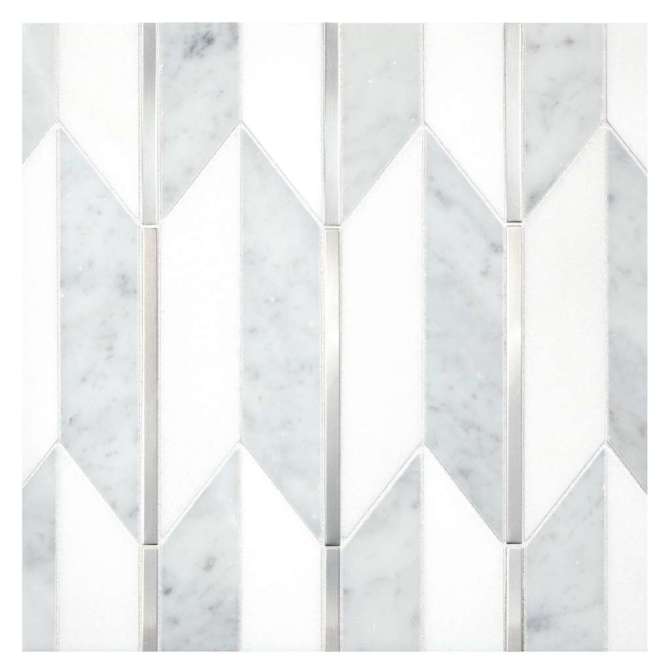 Specialty Mosaic Collection Stainless Steel, Italian Carrara Polished, And Thassos Select Polished 10×12 Arrows Mosaic Polished