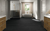 Beyond Dolomite Black 24x48 and 2x2 Mosaic, and Gray Apex Mosaic