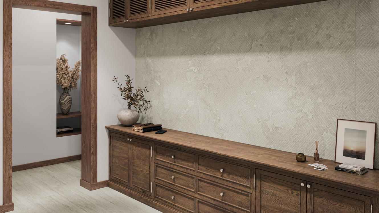 Miller Cross-Cut Greige 48x110 Chevron and Vein-Cut Greige 12x24