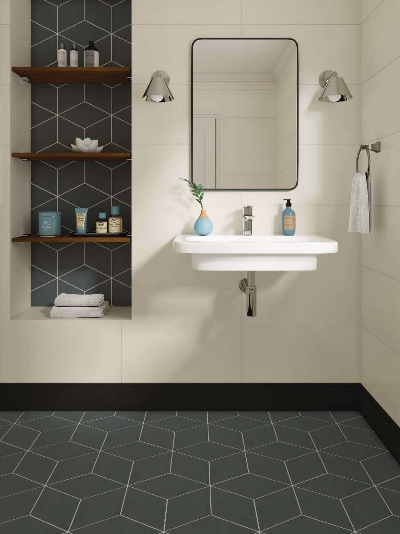 Neoconcrete White 12x24 Light Polished and Charcoal 3D Cube Mosaic