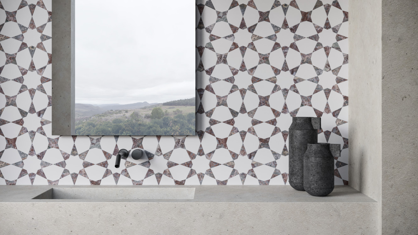  Waterjet Stone Mosaics Burgundy 9x9 Stellar Mosaic Honed