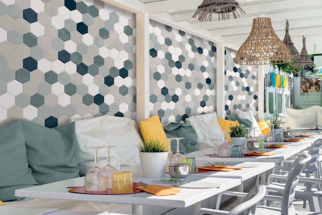 Playscapes Sky, Meringue, Pitch Black,  Linen and Silverside Hexagon