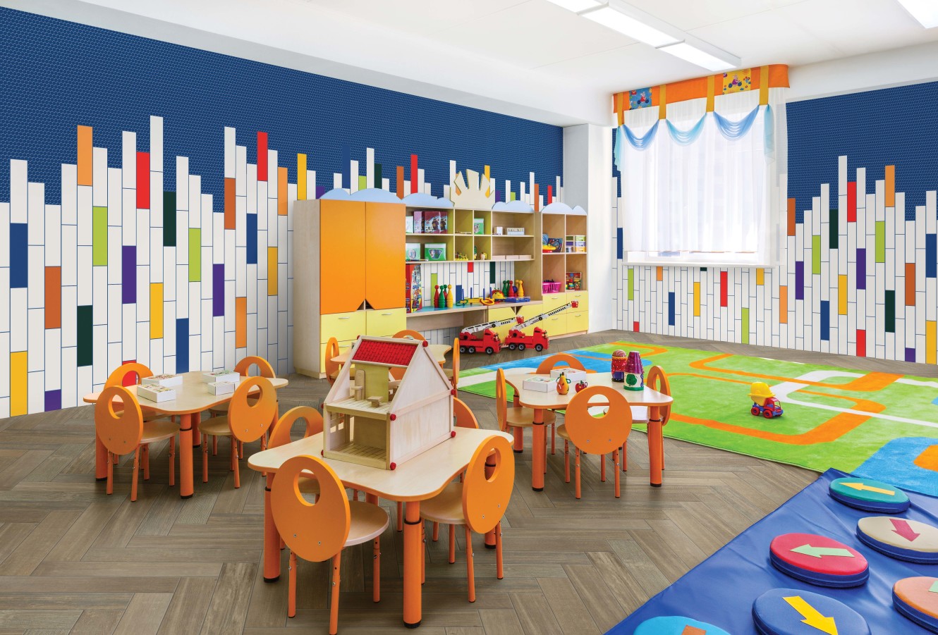 Color Story Devotion, Blaze, Wisdom, Mandarin, Lemon Zest, Green Apple 4x12 and Color Story Mosaics Sapphire Sky Penny Round Mosaic