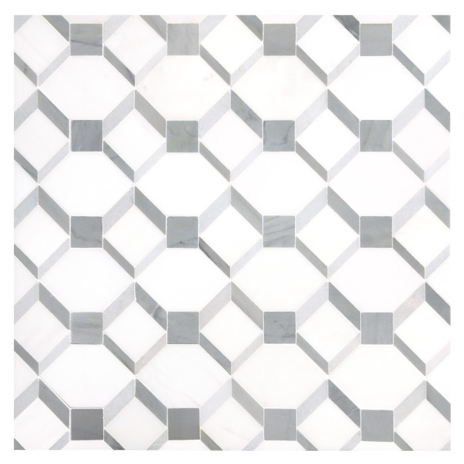 Pietra Visivo Collection Bianco Dolomiti Select Polished, Morning Blue Polished, And Bardiglio Imperiale Polished 10×10 Lattison Mosaic Polished