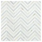 Basic Mosaic Collection Bianco Dolomiti Select Honed, Calacatta Gold Polished, And Morning Blue Polished 10×13 Refined Herringbone Mosaic