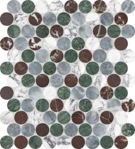 Waterjet Stone Mosaics Tropic 1-1/4″ Penny Round Mosaic Mixed Waterjet Stone Mosaics Tropic 1-1/4″ Penny Round Mosaic Mixed