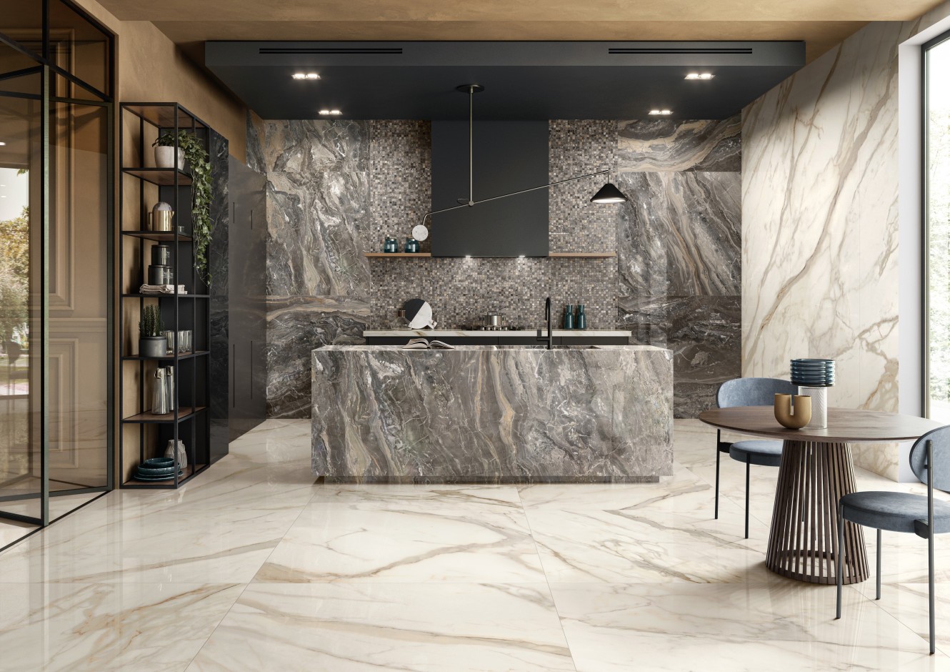 Anima Futura Golden White 48x48 and 48x110, and Keen Grey 24x48 and 1x1 Mosaic