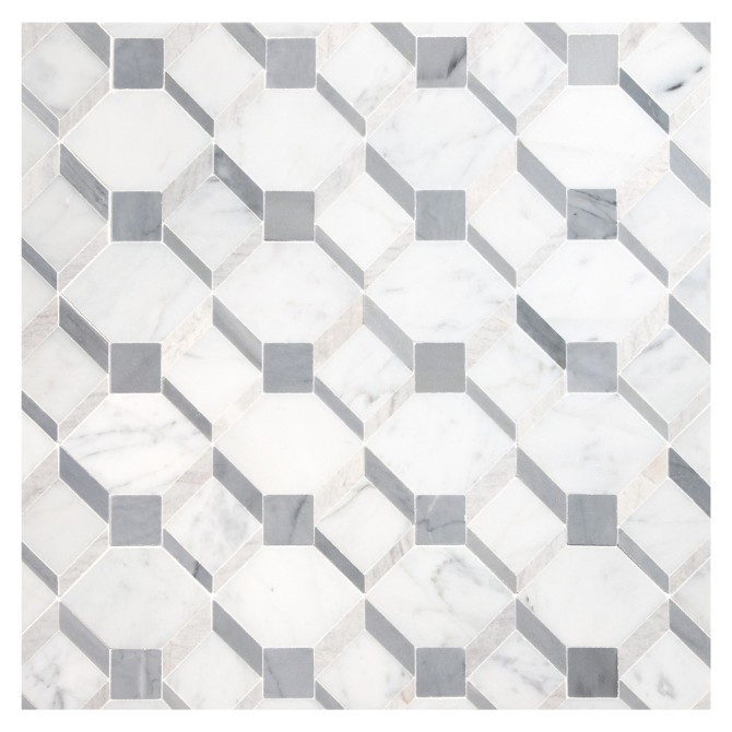 Pietra Visivo Collection Italian Carrara Light Select Polished, Blue De Savoi Polished, And Bardiglio Imperiale Polished 10×10 Lattison Mosaic Polished