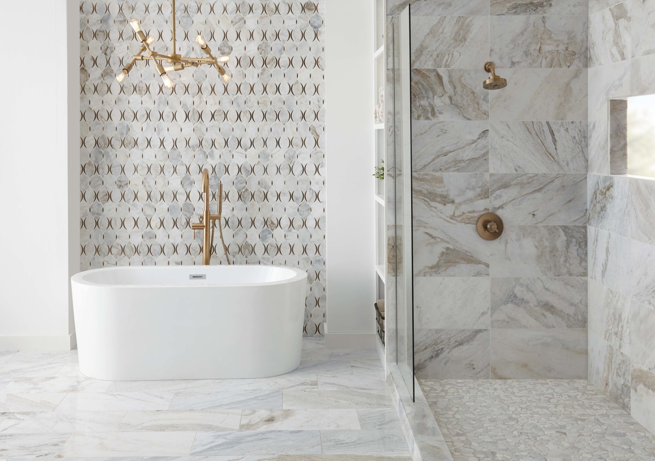 Presario Lumen White 12x24, Modern Lantern Mosaic and Pebble Mosaic