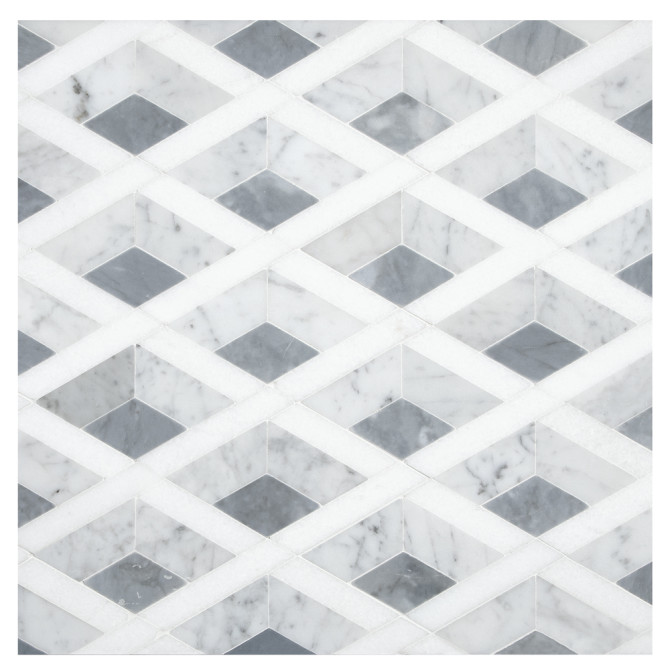 Pietra Visivo Collection Thassos Select Polished, Italian Carrara Dark Select Polished, And Bardiglio Polished 10×11 Verona Mosaic Polished