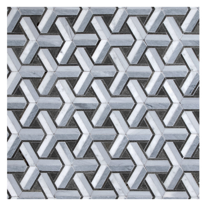 Pietra Visivo Collection Italian Carrara Polished, Bardiglio Light Polished, Bardiglio Imperiale Polished, And Basalto Polished 11×9 Triton Mosaic Polished