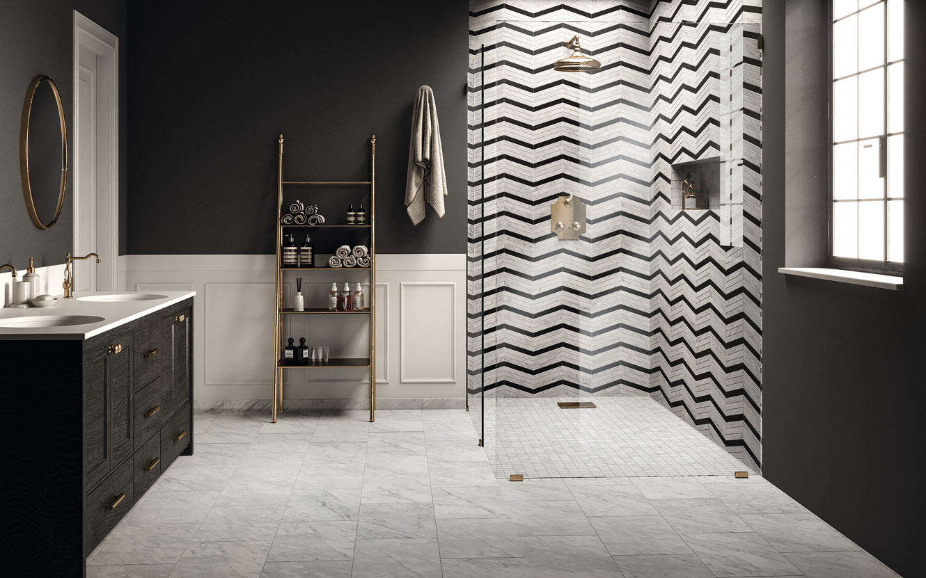 Trilogy Carrara Classic 12x24 and 2x2 Mosaic, and Chevron Mix Mosaic