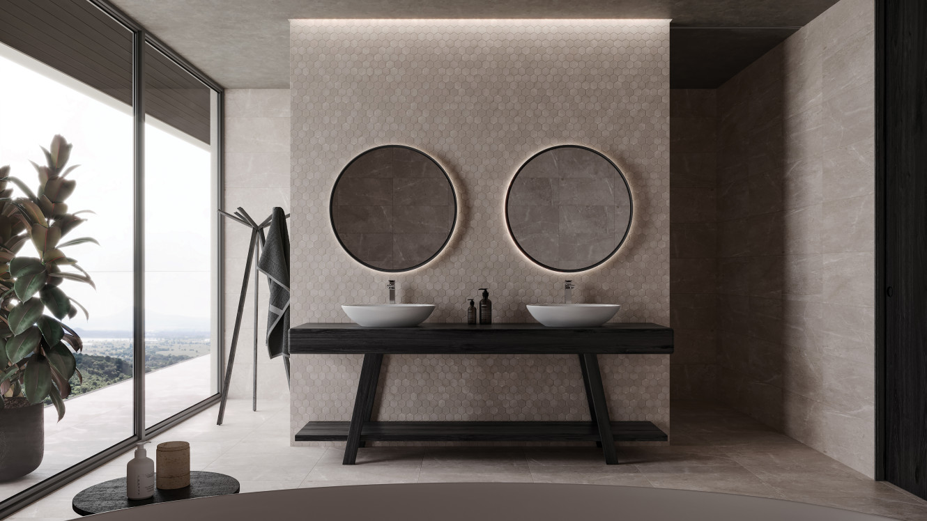 Ritz Gray 12x24 and 2x2 Hexagon Mosaic