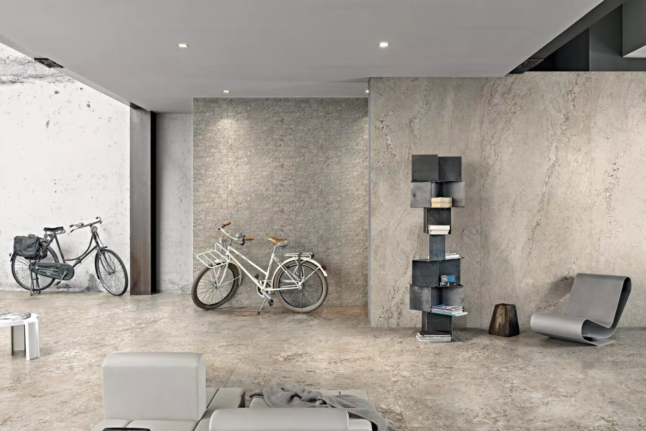 Plimatech Plimabeige02 47x47 and Muretto Mosaic and Plimabeige01 47x110