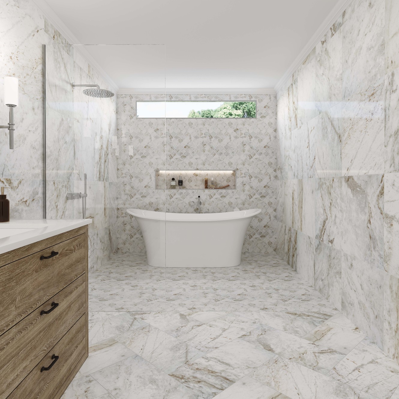 Mythique Marble Majestic 12x24, 24x24 and Arabesque Mosaic