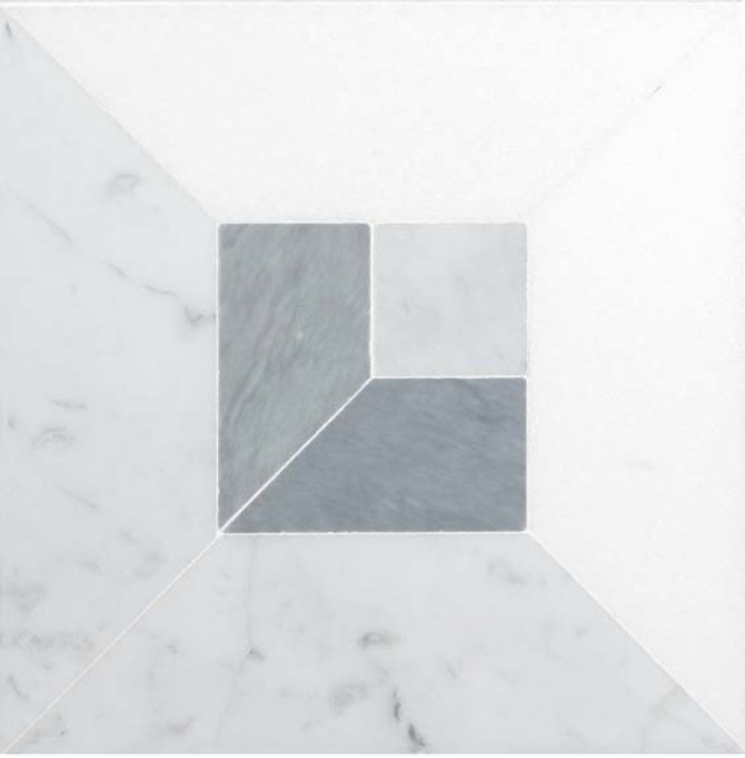 Pietra Visivo Collection Thassos Select Polished, Italian Carrara Light Select Polished, Italian Carrara Dark Select Polished, And Bardiglio Imperiale Polished 6×6 Fordham Focal Mosaic Polished