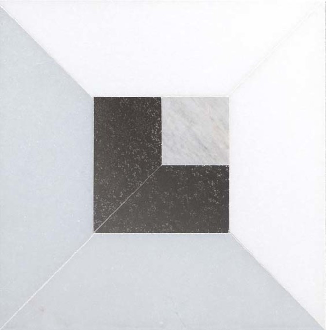 Pietra Visivo Collection Thassos Select Polished, Morning Blue Polished, Blue De Savoi Polished, And Basalto Honed 6×6 Fordham Focal Mosaic Mixed