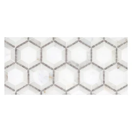 Specialty Mosaic Collection East White Honed, Calacatta Gold Polished, And Smoke Honed 9×10 Hexagon Micromosaic Mixed