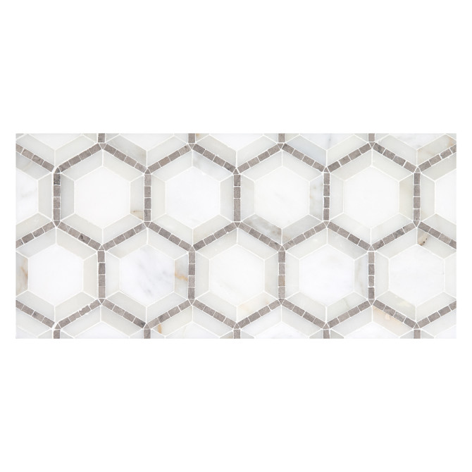 Specialty Mosaic Collection East White Honed, Calacatta Gold Polished, And Smoke Honed 9×10 Hexagon Micromosaic Mixed