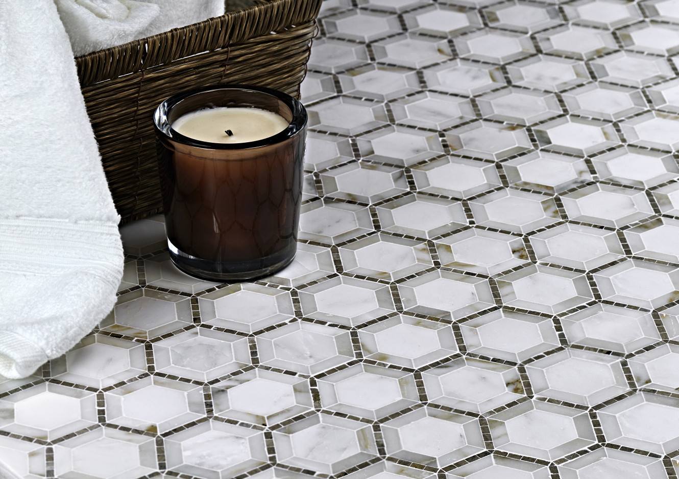 Specialty Mosaic Collection East White, Italian Carrara and Mugwort Gray Hexagon Micromosaic