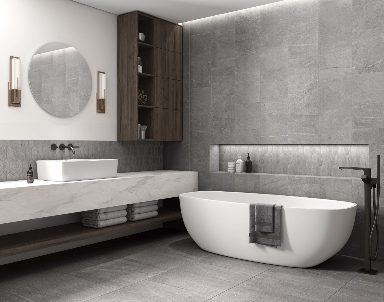 Marble Obsession Grigio 24x24, 12x 24 and Picket Mosaic