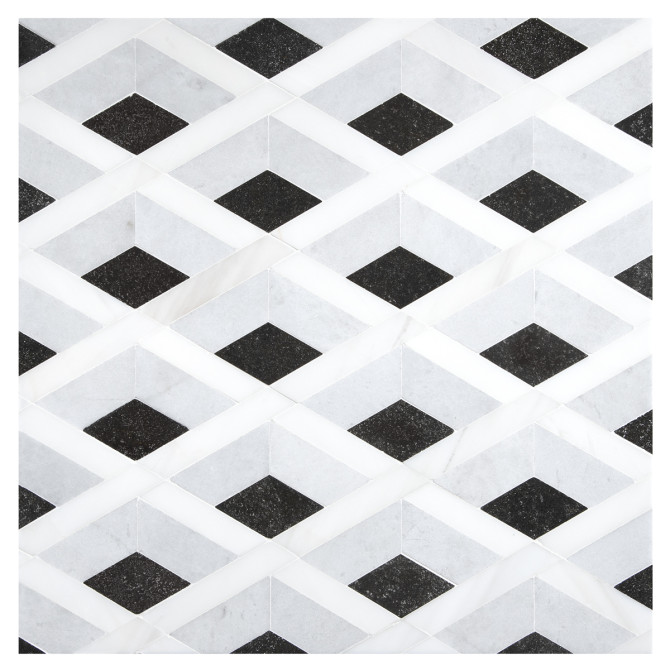 Pietra Visivo Collection Bianco Dolomiti Select Polished, Morning Blue Polished, And Basalto Polished 10×11 Verona Mosaic Polished