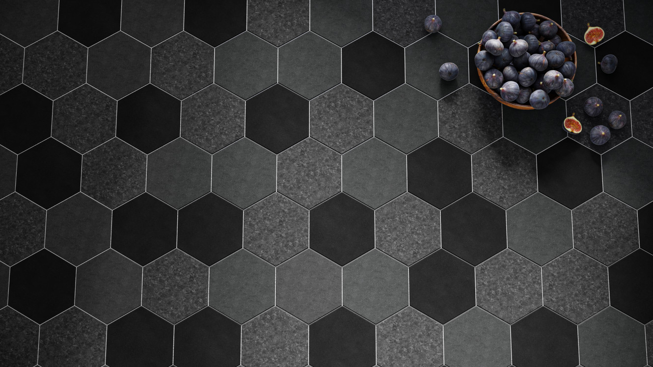 Basalt Black Honed, Black Brushed and Gray Honed 10 Inch Hex