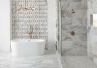 Presario Lumen White 12x24, Modern Lantern Mosaic and Pebble Mosaic